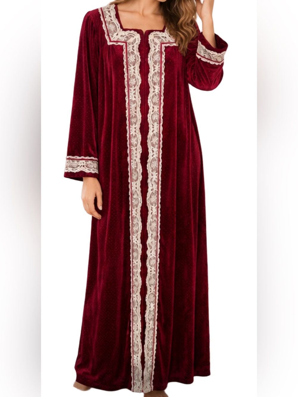 Vintage Olga Burgundy Velour House Dress Robe White Lace Small